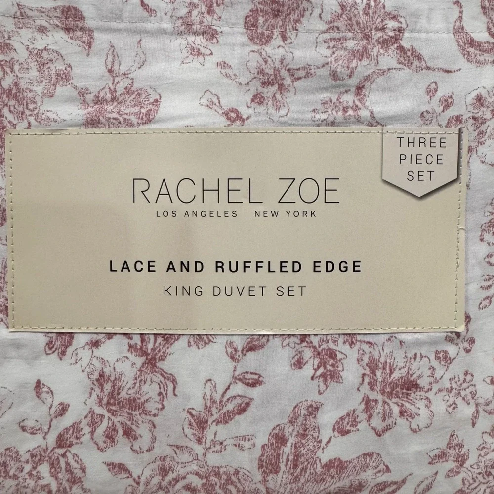 Rachel Zoe King Duvet Set 3pc Lace Ruffled Edge Mauve Floral Toile White NEW